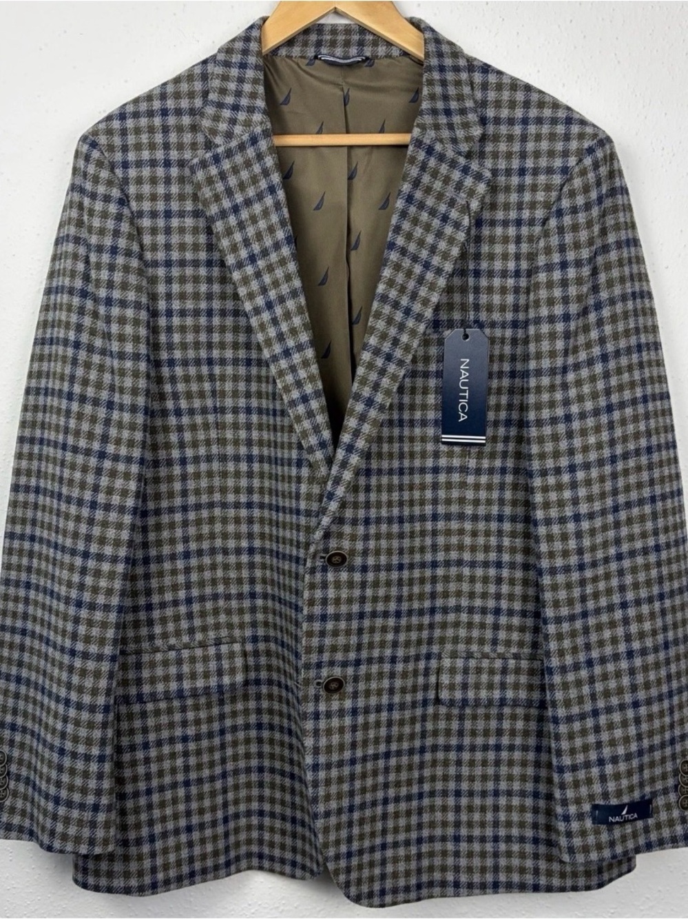 Nautica Men’s 44R Modern Fit Plaid Blazer NWT Gray Olive Navy